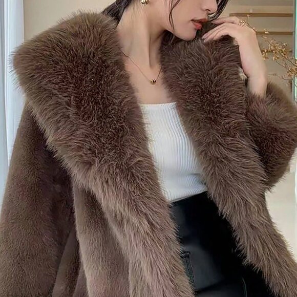 Brown Casual Women's Elegant Faux Fur Collar Jacket - Picture 7 of 8